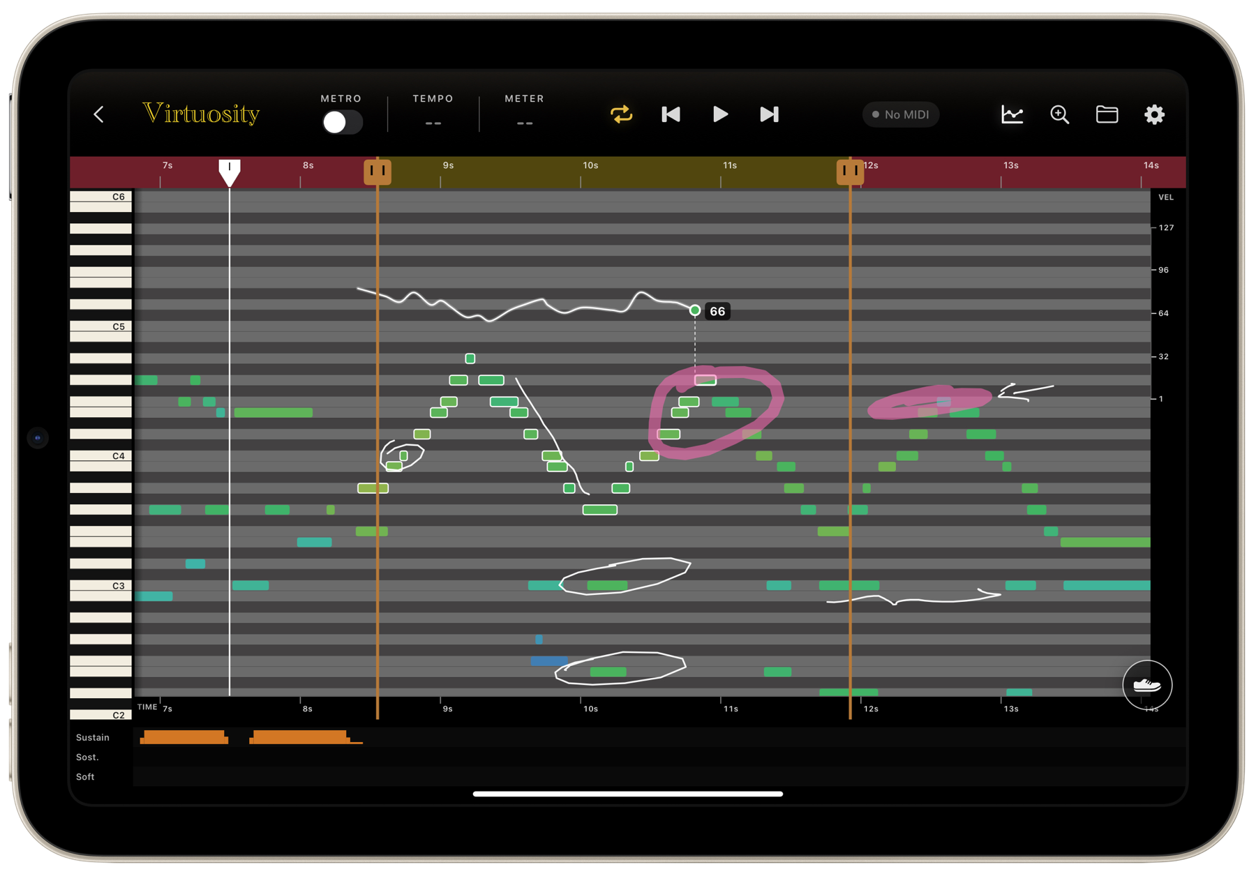 Virtuosity on an iPad, showing a recorded piano roll